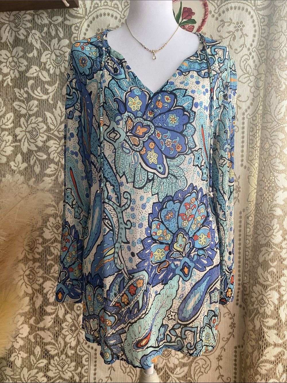 Vintage/Beach Blue Silk Paisley V-Neck Tunic Top